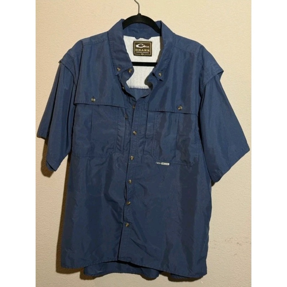 Drake Waterfowl Vented Fishing Shirt Mens XL Blue Short Sleeve Button Up K3